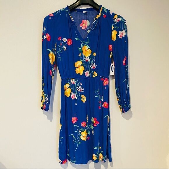 Old Navy Blue Pink Yellow Floral Blouson Long Sleeve Key Hole Dress Size Small - Picture 1 of 6